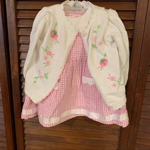 Pink Gingham Dress White Embroidered Cardigan